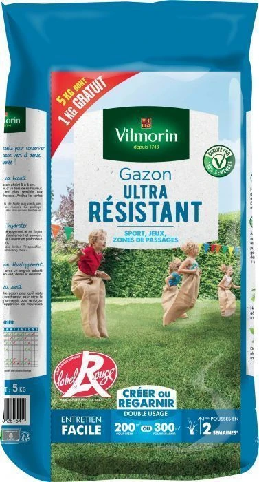 Gazon Ultra Résistant - Label Rouge - 200/300m² - Sac De 5kg Dont 1kg Offert 1 Gazon Ultra Résistant - Label Rouge - 200/300m² - Sac De 5kg Dont 1kg Offert